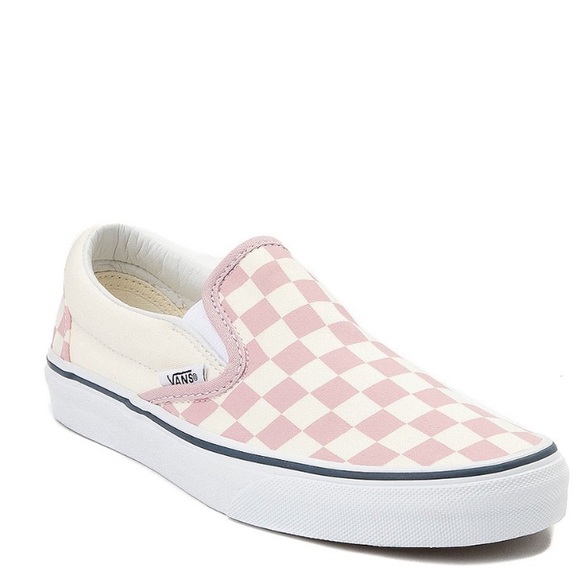 baby pink checkered slip on vans